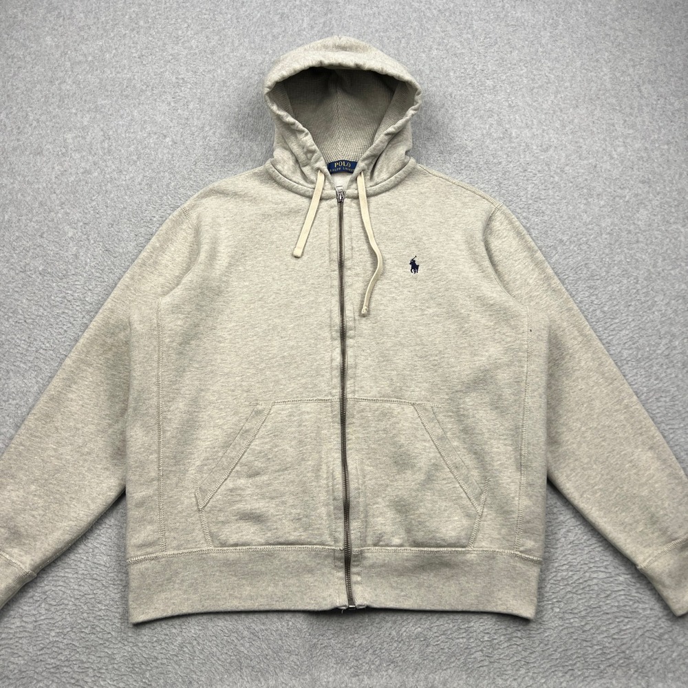 Polo Ralph Lauren Hoodie Mens Large Gray Fleece Full Zip Waffle Lined Hood Pony